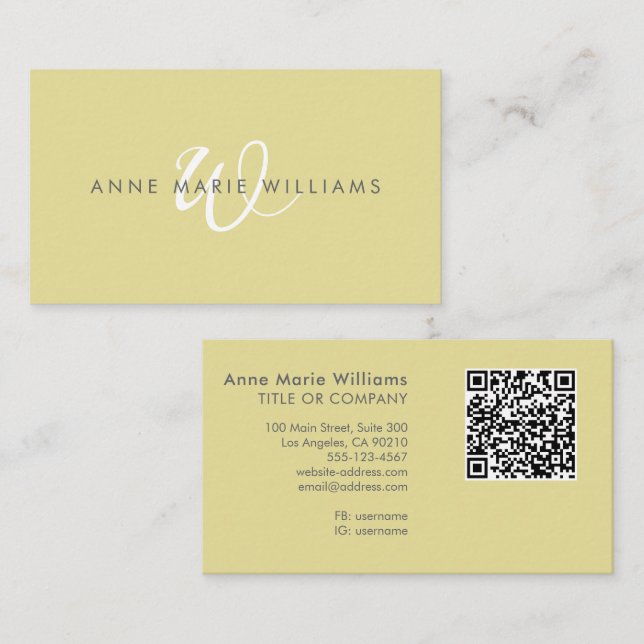 Modern Chartreuse Vit Skript Monogram QR-kod Visitkort (Fram/baksida)