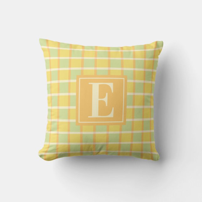 Modern Checker Green Yellow Orange Monogram Kudde (Framsida)