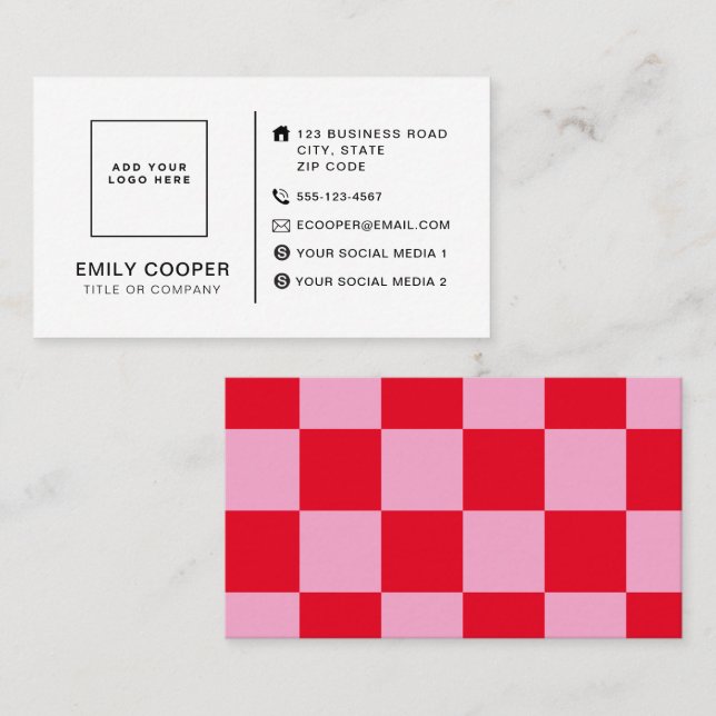 Modern Checkerboard Lägg till Logotyp Rosa Red Visitkort (Fram/baksida)