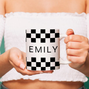Modern Checkerboard Lägg till Namn Black White Kaffemugg