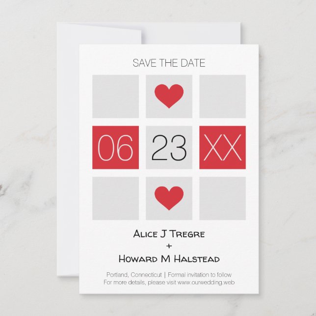 Modern Checkerboard Wedding Date Names in Red Spara Datumet (Framsida)