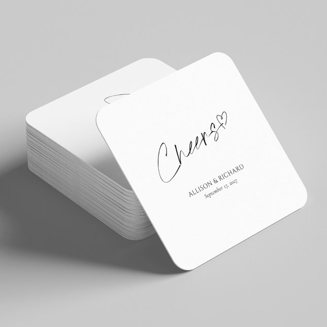 Modern Cheers Bröllop Underlägg svart och vit desi Papper Kvadrat (Modern Elegance - Personalized Cheers Wedding Square Paper Coaster)