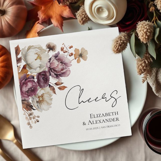 Modern Cheers | Burgundy Blommigt Hösten Bröllop Pappersservett (Skapare uppladdad)