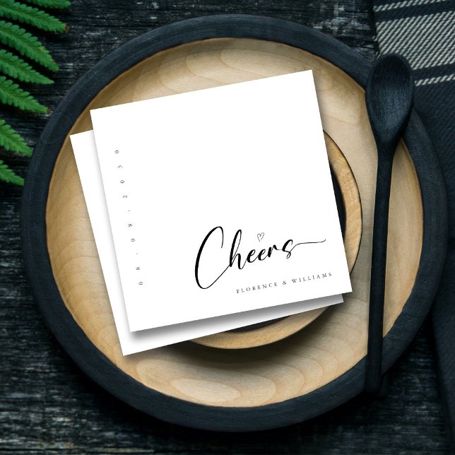 Modern Cheers minimalistiska Svarta och vita Bröll Pappersservett (Personalized Hand-Lettered Black and White Wedding Napkins)
