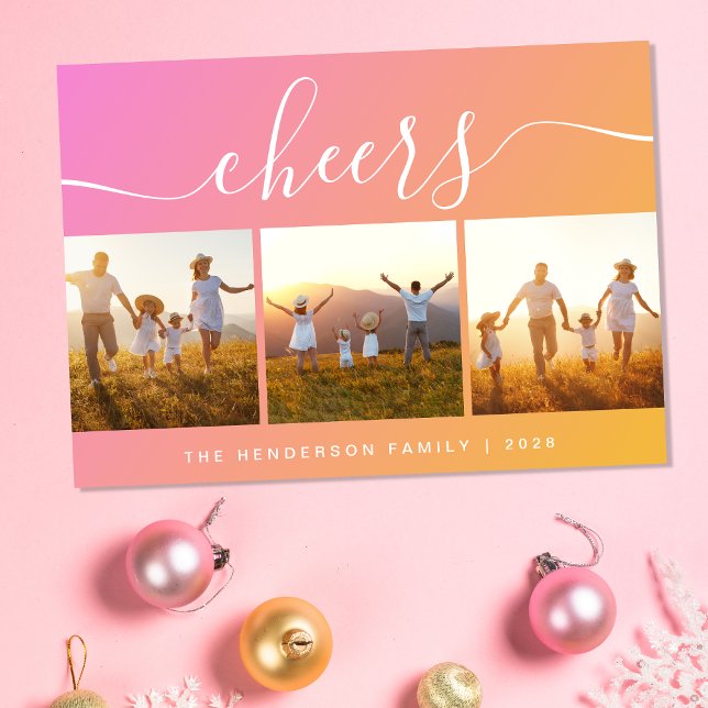 Modern Cheers Photo Rosa Julkort (This holiday season, let your family's smiles and heartwarming memories shine on our 3 photo card)