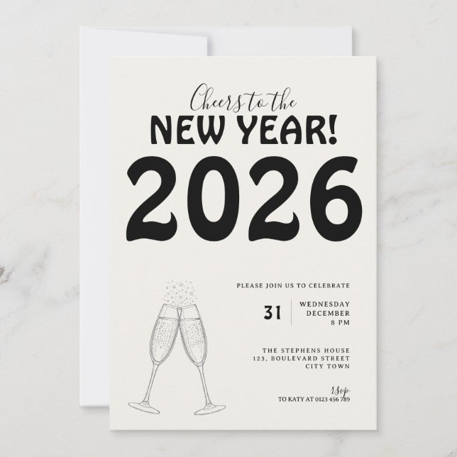 Modern Cheers to New Year Bold Typo Black White Inbjudningar (Framsida)