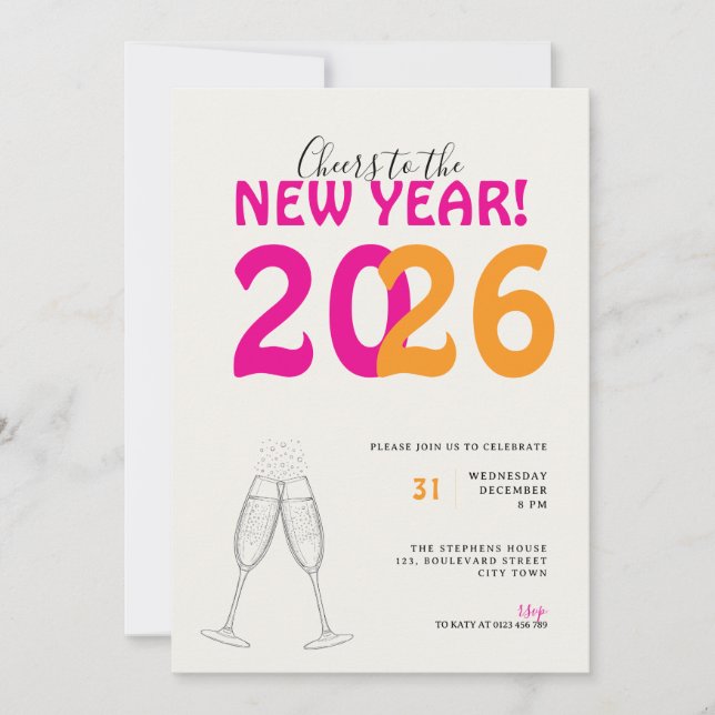 Modern Cheers to New Year Bold Typo Invitation Inbjudningar (Framsida)