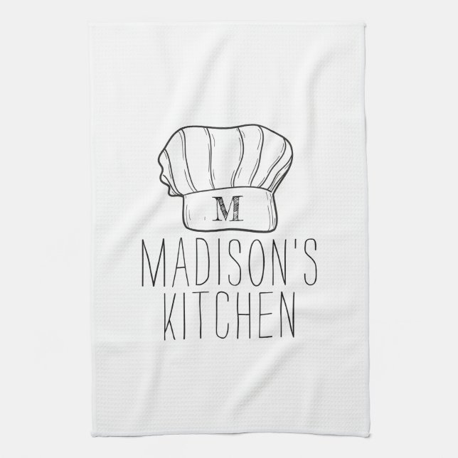 Modern Chef Cook Hat Monogram Simple Snyggt Namn Kökshandduk (Vertikal)