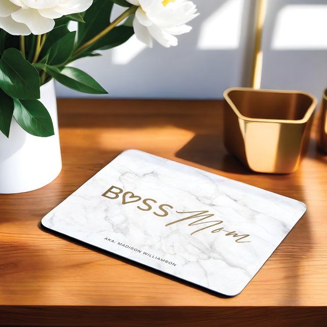 Modern Chef Mamma Snyggt Guld & White Grått Marble Musmatta (Modern Boss Mom Stylish Gold & White Grey Marble Mouse Pad)