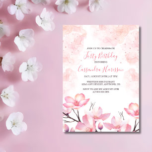 Modern Cherry Blommar Flower Rosa Stänk Birthday Inbjudningar