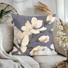 Modern Cherry-Blommar på Grått Denim Kudde