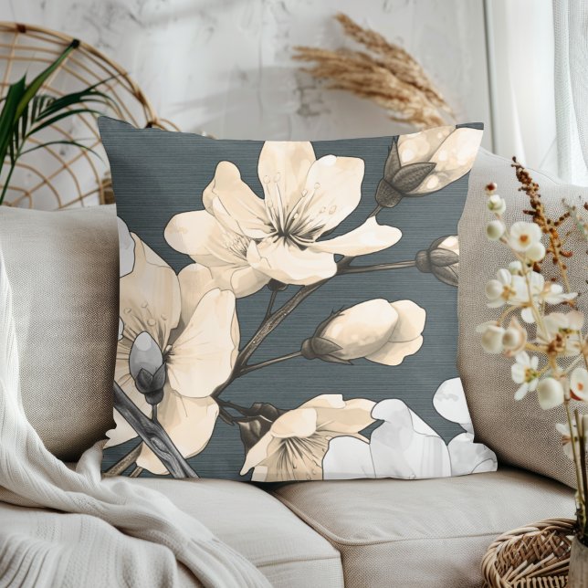 Modern Cherry-Blommar på Mörk Grått Linen Kudde (Skapare uppladdad)