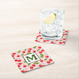Modern Cherry Mönster Monogram Underlägg Papper Kvadrat