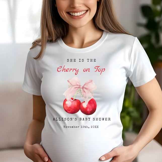 Modern Cherry on Top Rosa Bow Baby Shower T-shirt (Cute and Modern Cherry on Top Baby shower T-shirt)