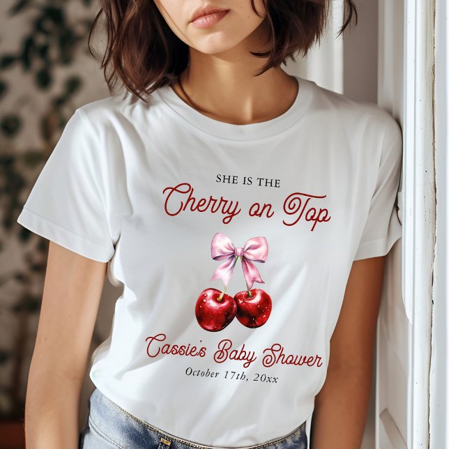 Modern Cherry on Top Rosa Bow Baby Shower T Shirt (Skapare uppladdad)