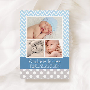 Modern Chevron Baby Pojke Blå Grå Foto Födelse Meddelande