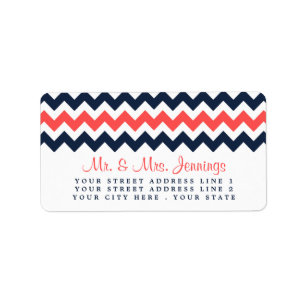 Modern Chevron Bröllop Collection Navy & Coral Adressetikett