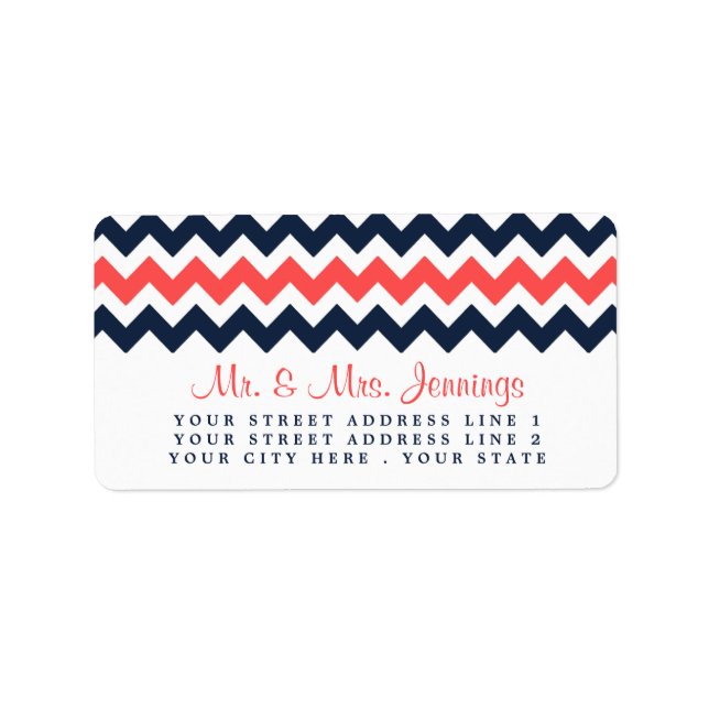 Modern Chevron Bröllop Collection Navy & Coral Adressetikett (Framsidan)
