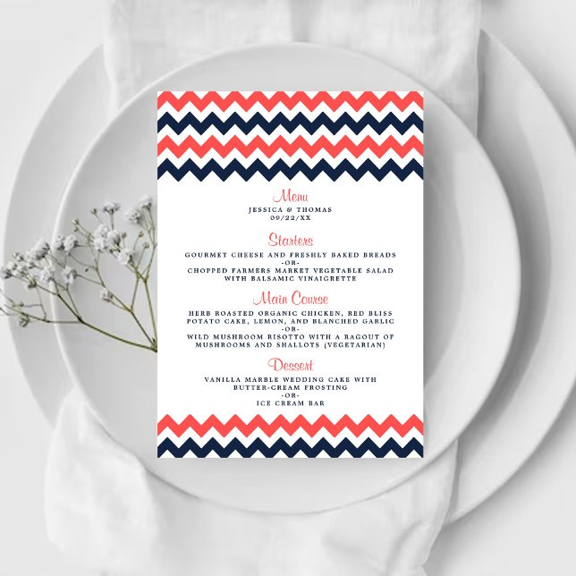 Modern Chevron Bröllop Collection Navy & Coral Meny (Skapare uppladdad)