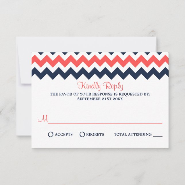 Modern Chevron Bröllop Collection Navy & Coral OSA Kort (Framsida)