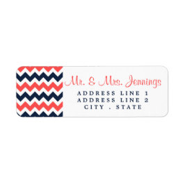 Modern Chevron Bröllop Collection Navy & Coral Returadress Etikett