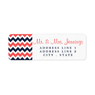 Modern Chevron Bröllop Collection Navy & Coral Returadress Etikett