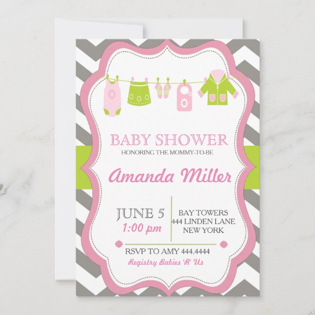Modern Chevron Clothesline Baby Shower-inbjudninga Inbjudningar (Framsida)