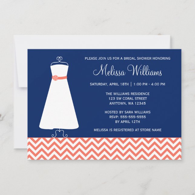 Modern Chevron Gown Coral Navy Blue Möhippa Inbjudningar (Framsida)