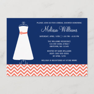 Modern Chevron Gown Coral Navy Blue Möhippa Inbjudningar