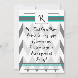 Modern Chevron inbjudan med Monogram, teal och grå