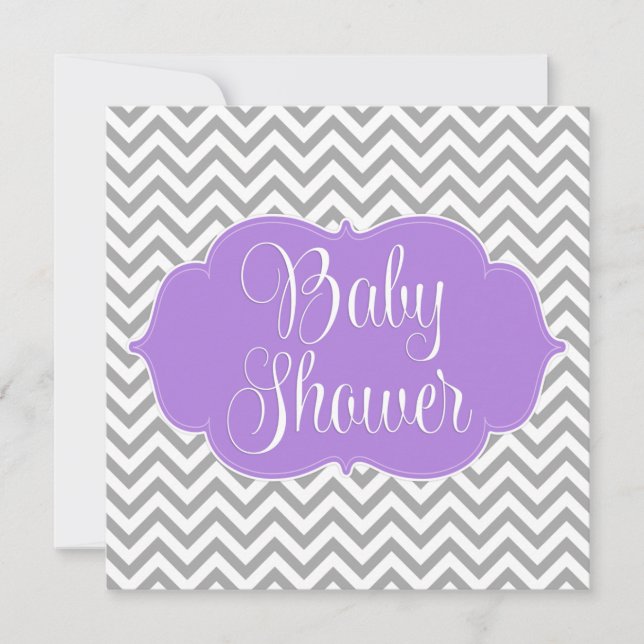 Modern Chevron Lila Grått Girl Baby Shower Inbjudningar (Framsida)