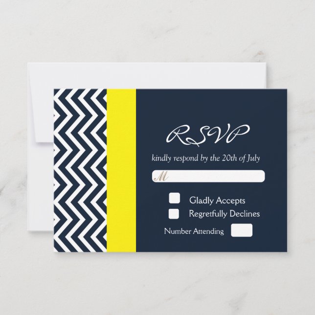 Modern Chevron Marinblå Gul Bröllops-RSVP-kort OSA Kort (Framsida)