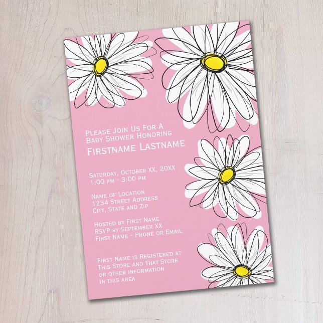 Modern Chevron mönster och daisy Flicka Shower Inbjudningar (Whimsical Daisy Baby Shower Invitation - Pastel Pink)