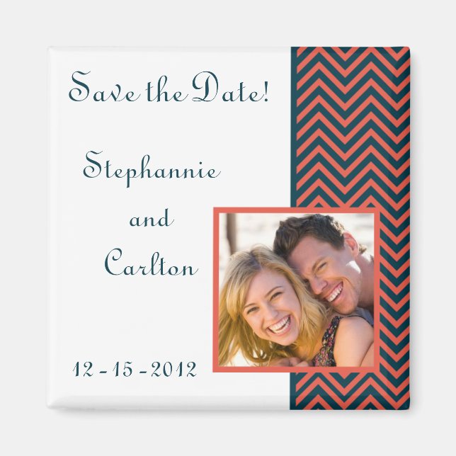 Modern Chevron Neon Coral/Navy Announcement Magnet (Framsidan)