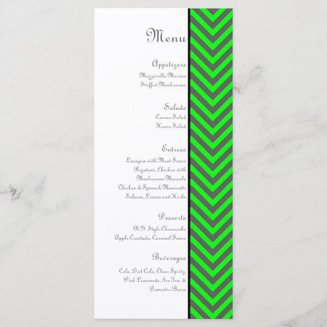 Modern Chevron Neon Grönt/Grått Bröllop Menu Meny (Framsida)