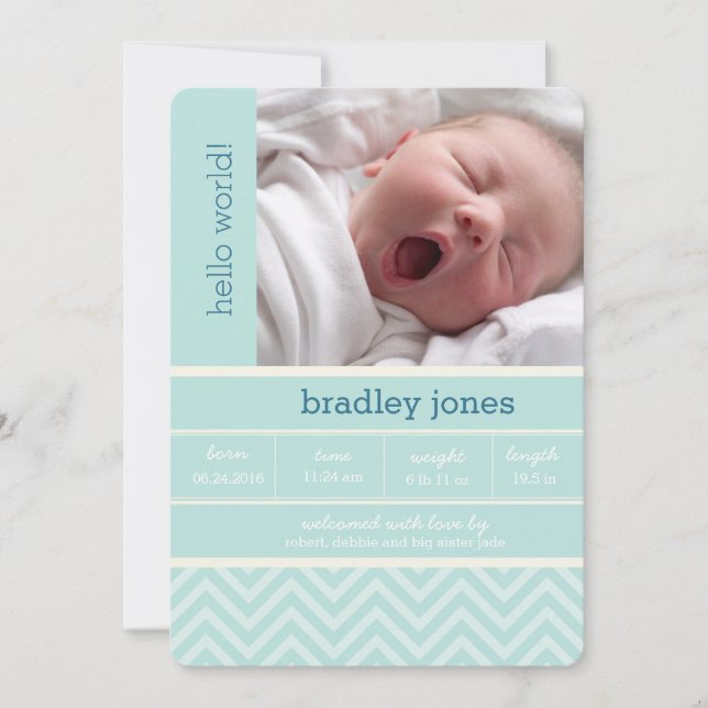 Modern Chevron Photo Birth-annons Card Meddelande (Framsida)