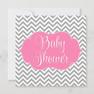 Modern Chevron Rosa Grått Girl Baby Shower Inbjudningar