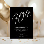 Modern Chic, 40:e födelsedagen Party Inbjudningar<br><div class="desc">Den här 40:e årsdagen för party inbjudan har en chic svart bakgrund med vitt skript och modern typografi. Skriptet säger "40:e". Hela färg (till och med årsskriptet) är helt och enkelt anpassade. Du kan till och med lägga till ett foto på baksidan! Bara använda "design verktyg" i listrutan Anpassning.</div>