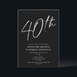 Modern Chic, 40:e födelsedagen Party Inbjudningar<br><div class="desc">Den här 40:e årsdagen för party inbjudan har en chic svart bakgrund med vitt skript och modern typografi. Skriptet säger "40:e". Hela färg (till och med årsskriptet) är helt och enkelt anpassade. Du kan till och med lägga till ett foto på baksidan! Bara använda "design verktyg" i listrutan Anpassning.</div>