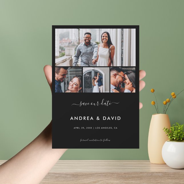 Modern Chic 4 Foto Collage Webbplats Svart Bröllop Spara Datumet (Skapare uppladdad)