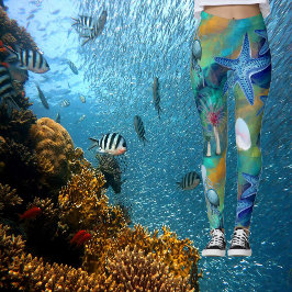 Modern Chic Aqua Blue Marine Life Ocean Starfish Leggings
