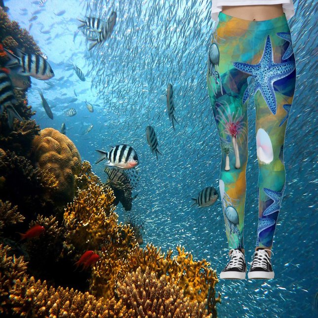 Modern Chic Aqua Blue Marine Life Ocean Starfish Leggings (Modern Chic Aqua Blue Marine Life Ocean Starfish Leggings)
