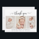 Modern Chic Baby 3 Photo Collage Tack<br><div class="desc">Modern Elegant Chic Script 3 Photo Collage Newborn Baby Tack Birth Notification Card. Med en söt "tack"-text i en handskriven kalligrafi kan du snabbt byta ut svan-teckensnittsskript i svartvitt. I förväg framtagna personliga budskap och födelsestatistik med baby namn ingår. Underbar för flicka eller pojke. Enkel att anpassa med ditt baby-foto...</div>