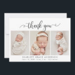 Modern Chic Baby 3 Photo Collage Tack<br><div class="desc">Modern Elegant Chic Script 3 Photo Collage Newborn Baby Tack Birth Notification Card. Med en söt "tack"-text i en handskriven kalligrafi kan du snabbt byta ut svan-teckensnittsskript i svartvitt. I förväg framtagna personliga budskap och födelsestatistik med baby namn ingår. Underbar för flicka eller pojke. Enkel att anpassa med ditt baby-foto...</div>