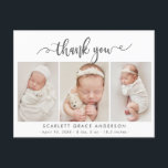 Modern Chic Baby 3 Photo Collage Tack Vykort<br><div class="desc">Modern Elegant Chic Script 3 Photo Collage Newborn Baby Tack Birth Notification Postcard. Med en söt "tack"-text i en handskriven kalligrafi kan du snabbt byta ut svan-teckensnittsskript i svartvitt. I förväg framtagna personliga budskap och födelsestatistik med baby namn ingår. Underbar för flicka eller pojke. Enkel att anpassa med ditt baby-foto...</div>