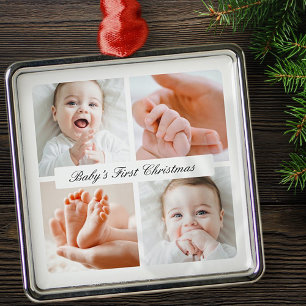 Modern Chic Baby Första jul 4 Photo Helgdag Julgransprydnad Metall