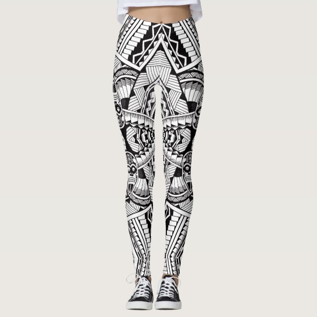 Modern Chic Black and White Tribal Tattoo Mönster Leggings (Framsida)