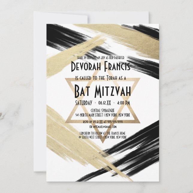 Modern Chic Black Guld Brussel Bat mitzvah Inbjudningar (Framsida)