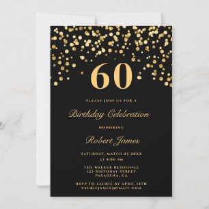 Modern Chic Black och Guld 60:e födelsedagen Inbjudningar