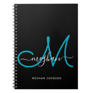 Modern Chic Black Teal Script Monogrammed bärbar d Anteckningsbok